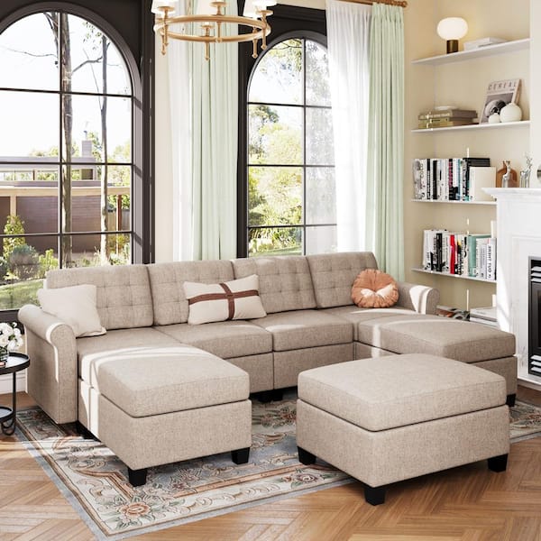 PHI VILLA 102.2 in Modern 7-Piece Linen Sectional Sofa with 3-Ottoman in. Beige