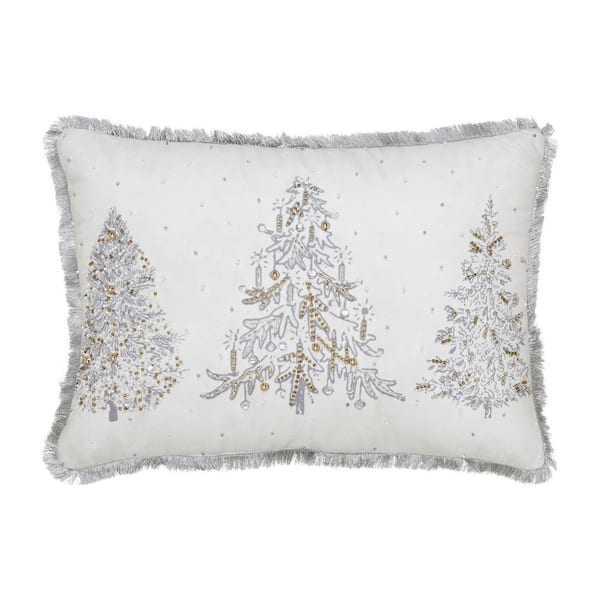 14 x 20 White Christmas Silver and Gold Embroidered Pillow with Beads