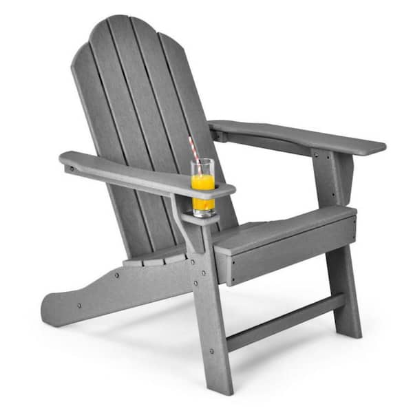 Clihome Gray Outdoor Adirondack Chair with Built-in Cup Holder for Backyard and Porch