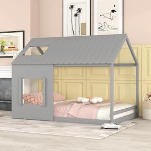 Grey Full Size House Bed Frame, Full Floor Bed Montessori Bed Frame with Roof and Window for Kids, Girls, Boys