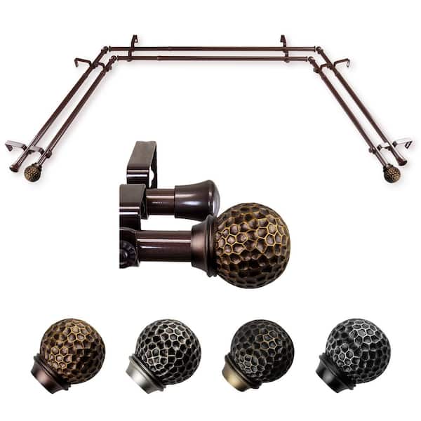 EMOH Ushasi 20-36 in. sides, 38-72 in. center Adjustable Bay Window Double Curtain Rod 13/16 in. in Cocoa with Finial