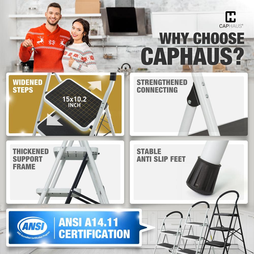 White 2-Step Folding Ladder with Anti-Slip Pedals