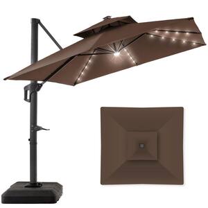 10 ft. x 10 ft. 2-Tier Square Outdoor Solar LED Cantilever Patio Umbrella with Base Included in Brown