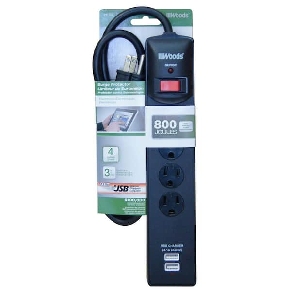 Woods 3 ft. 4-Outlet 800-Joule Surge Protector Power Strip with USB Charger