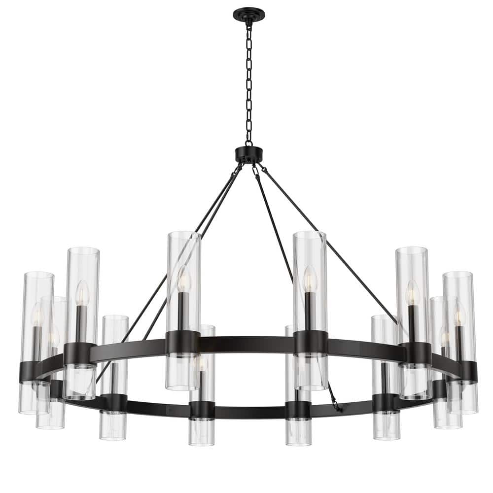 12 Lights Wagon Wheel Chandelier with Glass Shade, 43. 3 in. Black Modern F