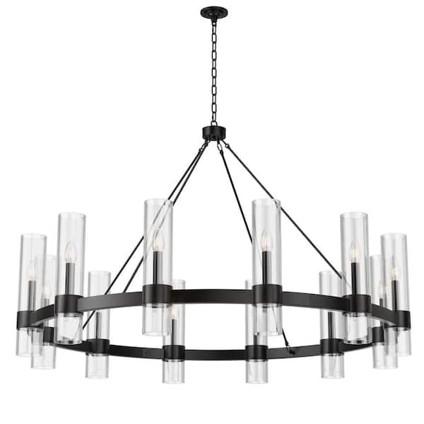 12 Lights Wagon Wheel Chandelier with Glass Shade, 43. 3 in. Black Modern Farmhouse Chandelier for Dining Room Entryways