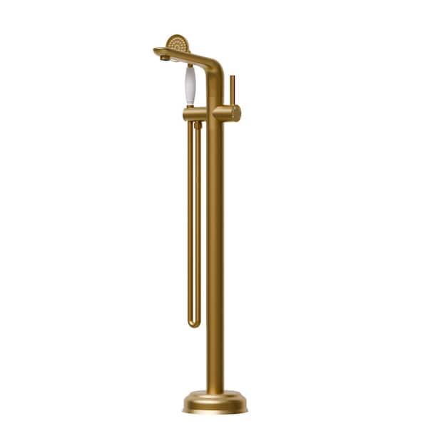 2-Handle British Vintage Style Floor Mount Freestanding Tub Faucet Bathtub Filler with Hand Shower in Brushed Gold