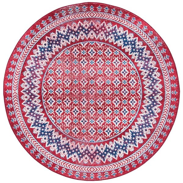 Brentwood 7 ft. x 7 ft. Round Red/Ivory Multi-Border Geometric Area Rug