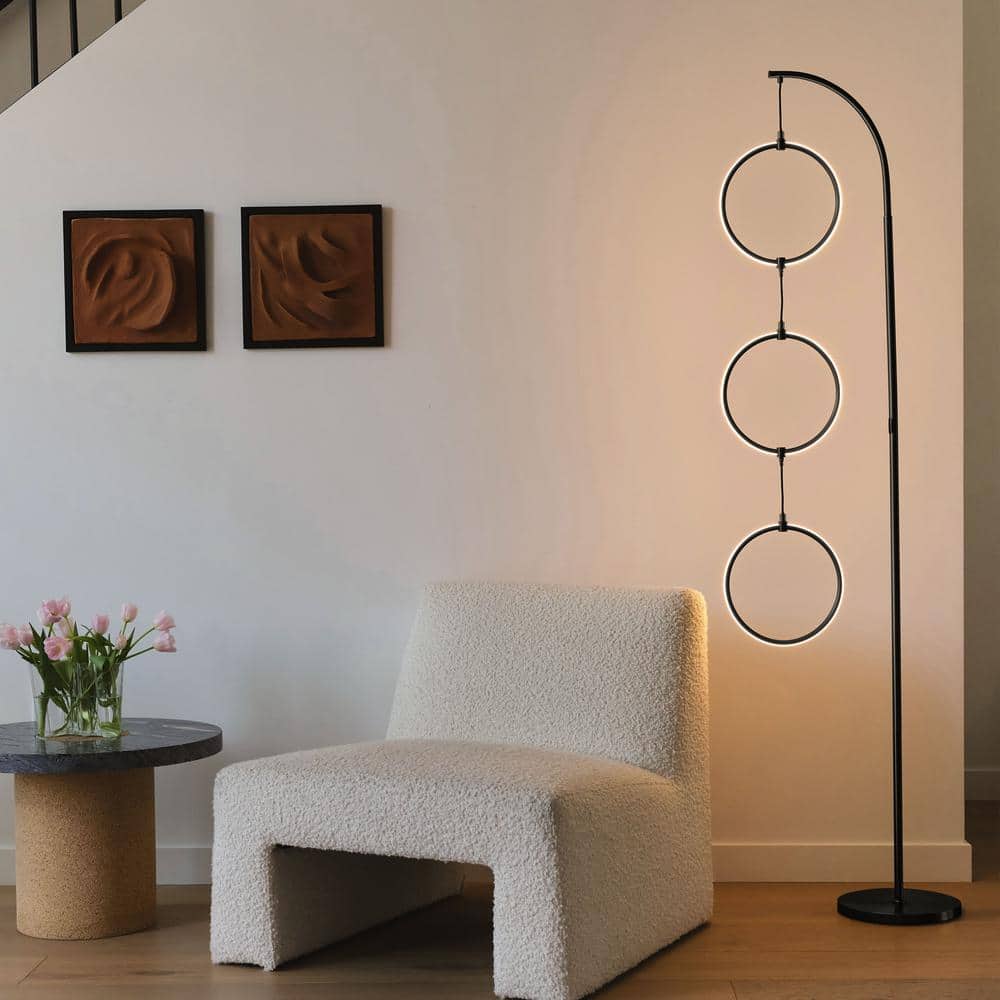 Nova 74" Black LED Arc Floor Lamp with 3 Rings