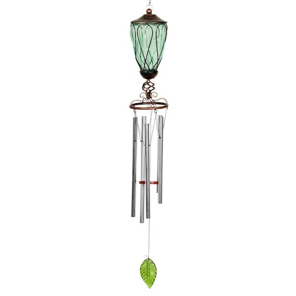 Solar Green Looping Link Metal and Glass Wind Chimes