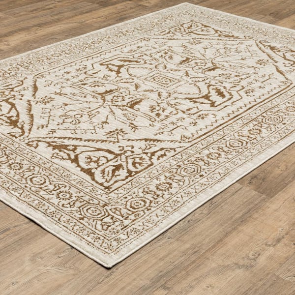 Imperial Ivory/Gold 5 ft. x 8 ft. Old World-Inspired Oriental Medallion Polyester Indoor Area Rug