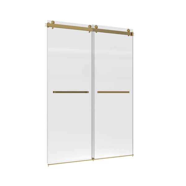 60 in. W x 75 in. H Sliding Frameless Shower Door in Brushed Gold with Clear Glass