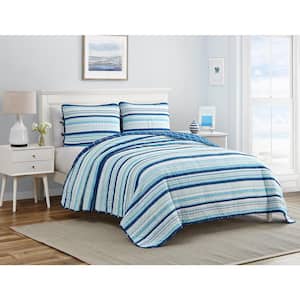 Newport Stripe 3-Pieces Navy/Blue Reversible Cotton Quilt Set-Full/Queen