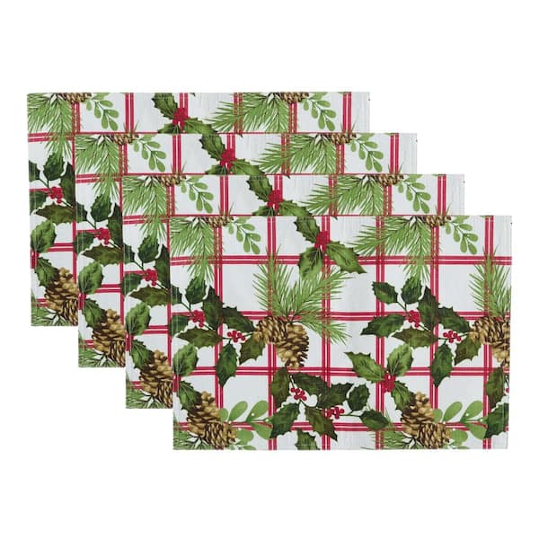 Threadmade Home Pinecone Plaid Holiday Fabric Placemats, Set of 4, Multicolor - 13"W x 19"L