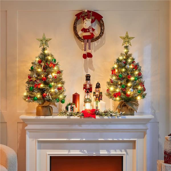 Battery-Operated Mini Frosted Artificial Christmas Tree with Pinecones and Warm White LED Lights