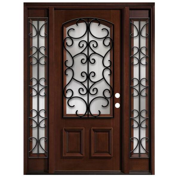 Steves & Sons 68 in. x 80 in. Iron Grille 3/4- Arch Lite Stained Mahogany Wood with Sidelites