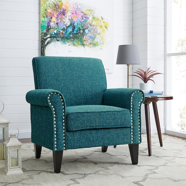 Tapley Peacock Blue and Sea Green Tweed Fabric Arm Chair with Nailhead Trim