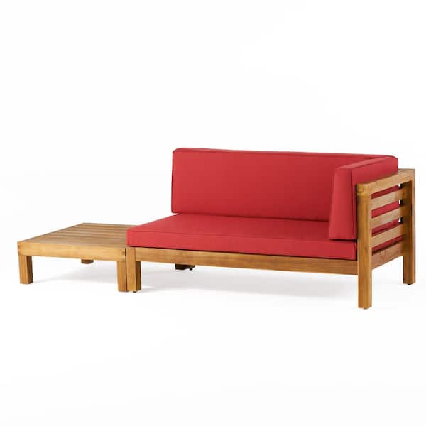 Noble House Kaena Teak 2-Piece Wood Right-Armed Patio Conversation Set with Red Cushions