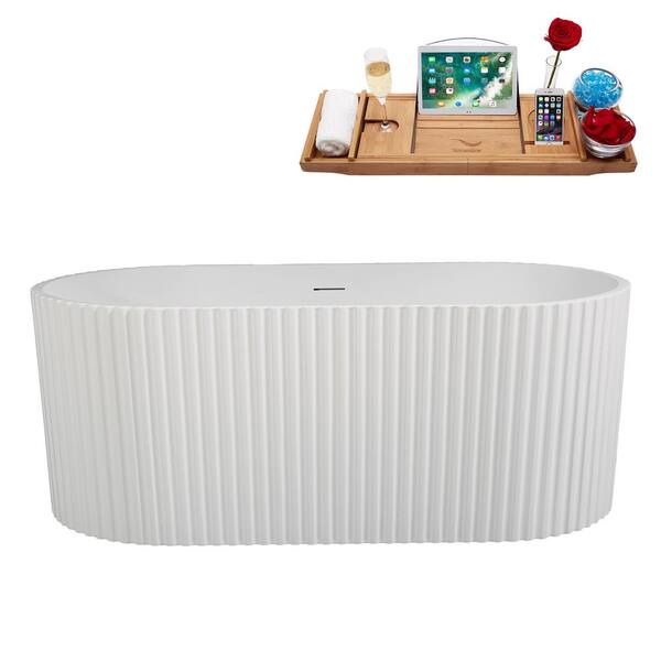Streamline 59 in. x 30 in. Acrylic Freestanding Soaking Bathtub in Matte White With Polished Gold Drain, Bamboo Tray