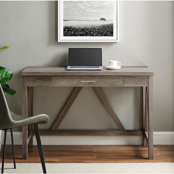 Walker Edison Furniture Company 46 in. Grey Wash Rectangular 1 -Drawer Writing Desk with Open Back
