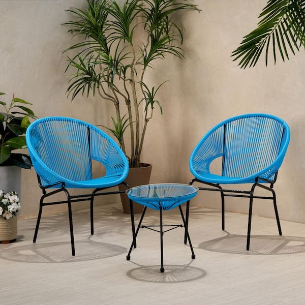 Noble House Nusa Black 3-Piece Faux Rattan Outdoor Patio Conversation Seating Set