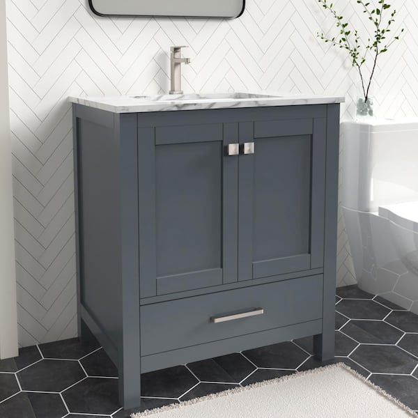 Anneliese 30 in. W x 21 in. D x 35 in. H Single Sink Freestanding Bath Vanity in Charcoal Gray with Carrara Marble Top