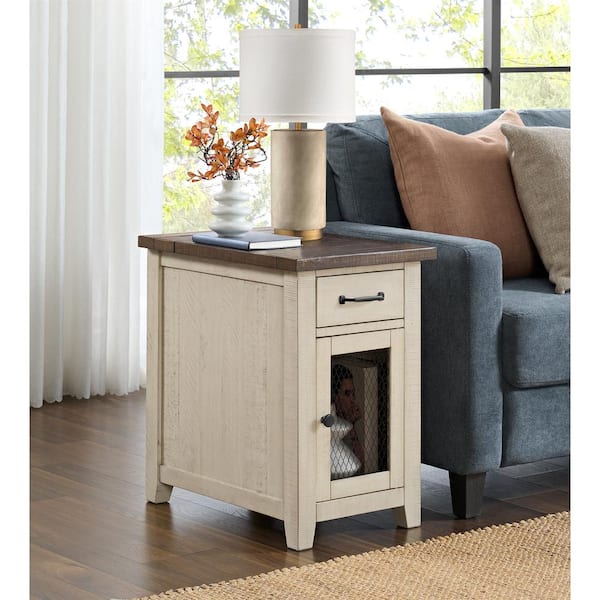 Martin Svensson Home Rustic 16 In. Long Cream and Brown Solid Wood Rectangle Chairside End Table with Power