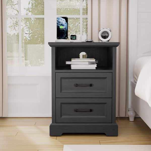 Farmhouse Black 2-Drawer 17.7 in. W Nightstand with Charging Station and Open Shelf