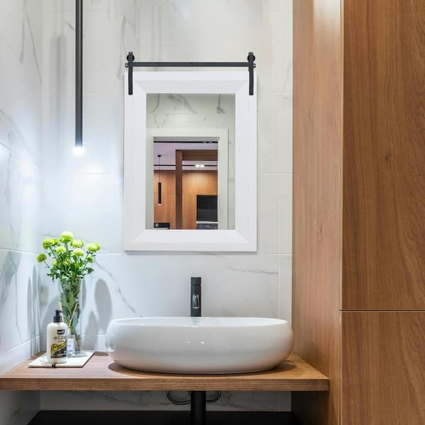 22 in. W x 33 in. H Rectangular Wood Framed Beveled Edge Wall Mount Bathroom Vanity Mirror in White