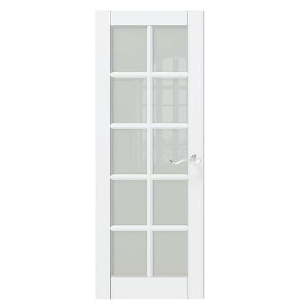 TENONER 30 in. x 80 in. Composite, MDF, 10 Lite, Frosted Glass, Primed, White Interior Door Slab with Silver Curved Doorknob