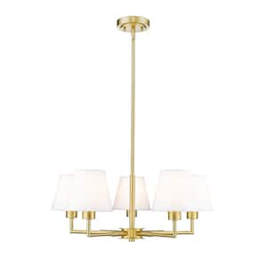 Leila 5-Light Luxe Gold Chandelier with White Linen Fabric Shades