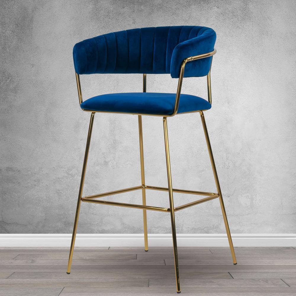 Aurora Blue Velvet 30" Bar Stool with Golden Metal Legs - Set of 2