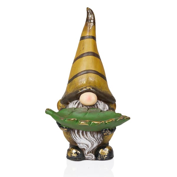 Alpine Corporation Vintage Gnome Holding Leaf w/Striped Yellow Hat