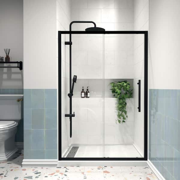 Modern 48 in. W x 72 in. H Sliding Semi-Frameless Shower Door in Matte Black Finish with 1/4 in. (6mm) Clear Glass