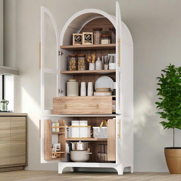 71 in. Tall White Arched Kitchen Pantry Cabinet Sideboard with Hidden Drawer and Adjustable Shelves and Glass Door