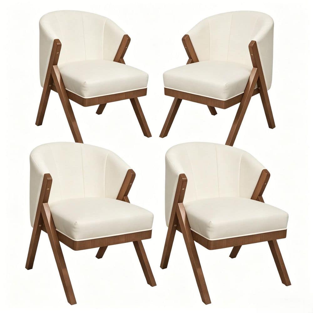 Beige Linen Upholstered Arm Chair with Solid Wood Frame and Sturdy Base for Living Room (Set of 4)