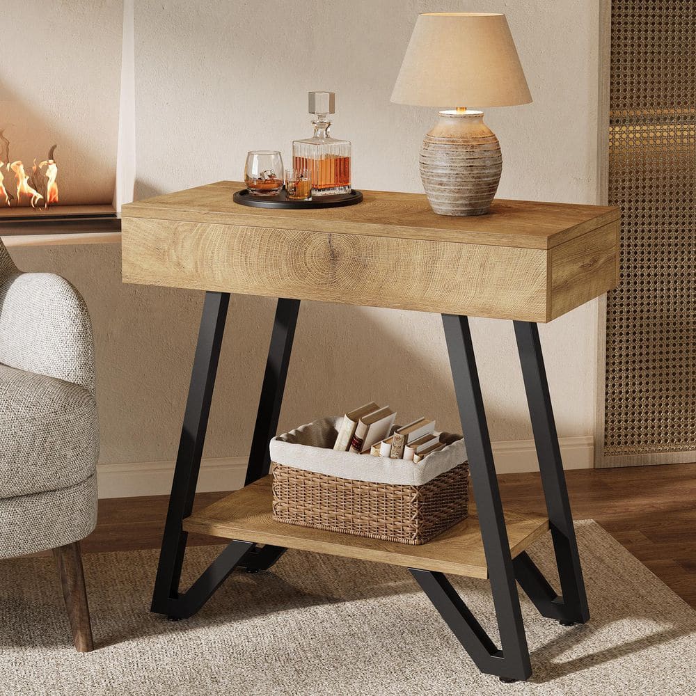 Kerlin 23.6 in. Light Brown Wood and Metal Support End Table, 2-Tier Side Table with Shelves for Living Room price history on PriceWatchPro