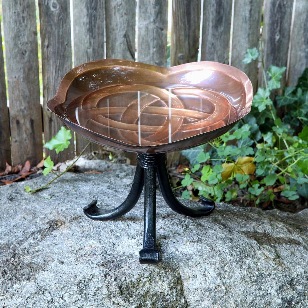 Celtic Dara Knot Copper Birdbath with Black Metal Tripod Stand