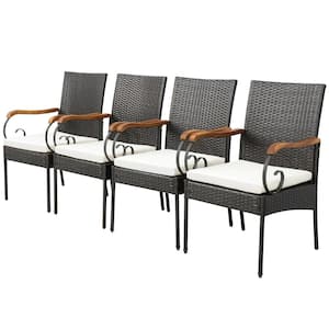 Set of 4 Outdoor PE Wicker Acacia Wood Chairs Armrests with Soft Zippered Cushion Garden Patio