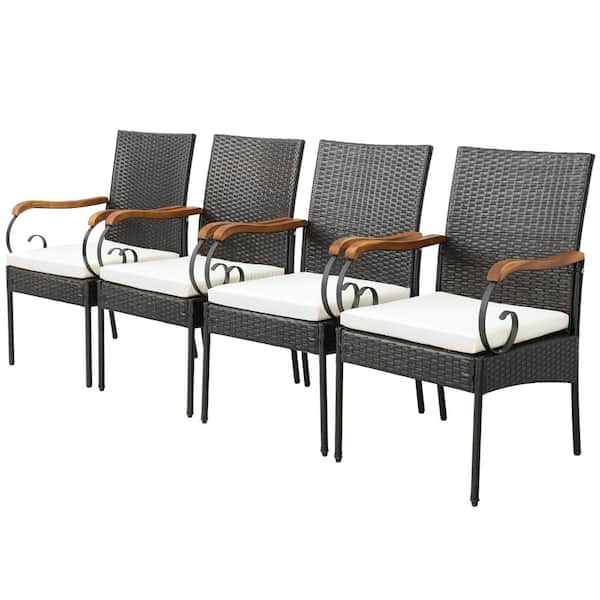Gymax Set of 4 Outdoor PE Wicker Acacia Wood Chairs Armrests with Soft Zippered Cushion Garden Patio