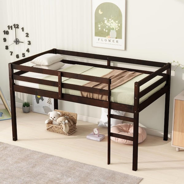 Espresso Brown Twin Size Wood Loft Bed with Ladder and Strengthened Slats
