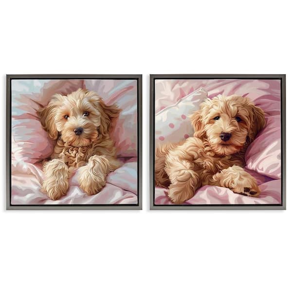 Stupell Industries Cuddling Labradoodle in Bed by Jim Baldwin 2-Pieces Gray Floater Frame Animal Graphic Art Print 25 in. x 25 in.