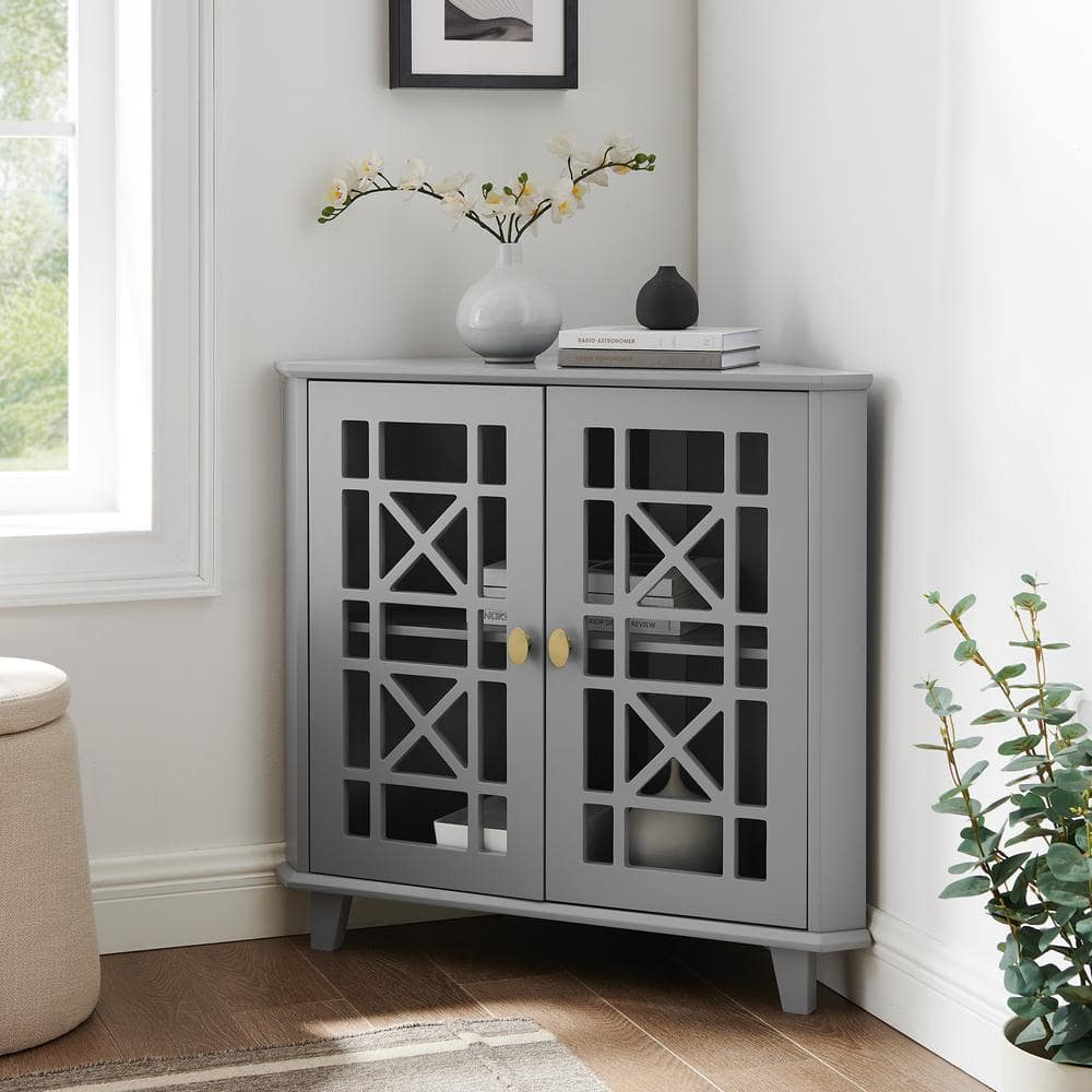 Welwick Designs Grey Wood and Glass Corner Accent Cabinet with Fretwork ...