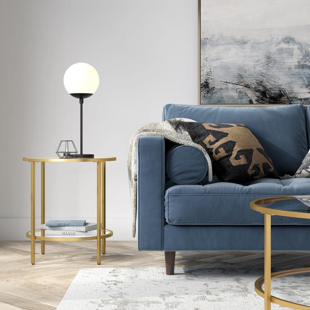 20" Round Brass & Glass Compact Side Table with Shelf