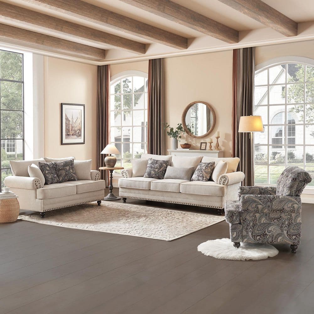 3-Pieces Chesterfield Rolled Arm Couch Set Beige Chenille Sofa Loveseat and Armchair with Nail head Living Room Set price history on PriceWatchPro