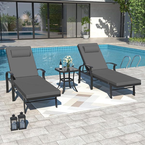 3-Piece Aluminum Outdoor Double-Arm Chaise Lounge Set with Adjustable Backrest, Square Coffee Table, and Black Cushions