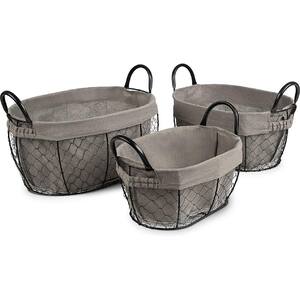 Decorative Black Oval Wire Storage Baskets with Removable Gray Fabric Liner 3-Pack