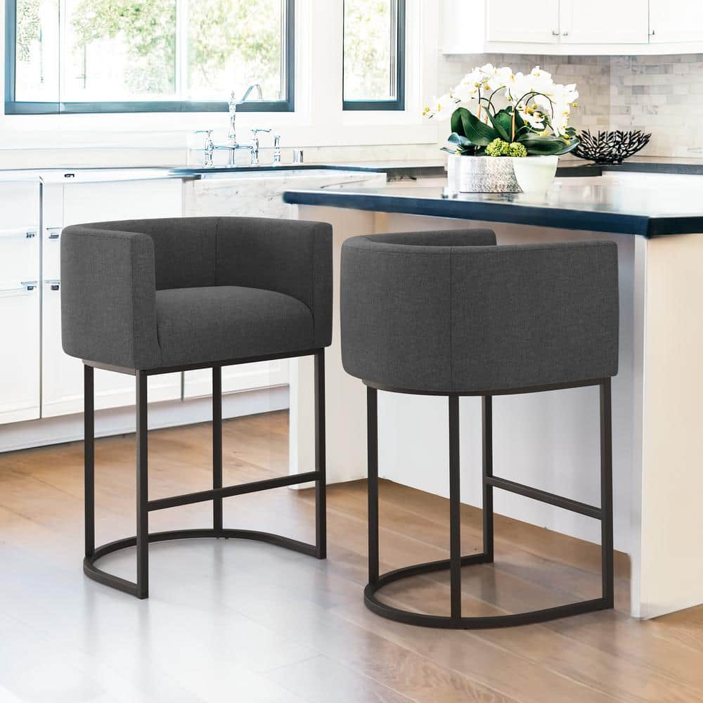 26 in.Dark Gray and Black Low Back Bar Stool with Metal Frame Counter Height Linen Fabric Counter Stool (Set of 2) -  LUE BONA, LB23CH0045-300