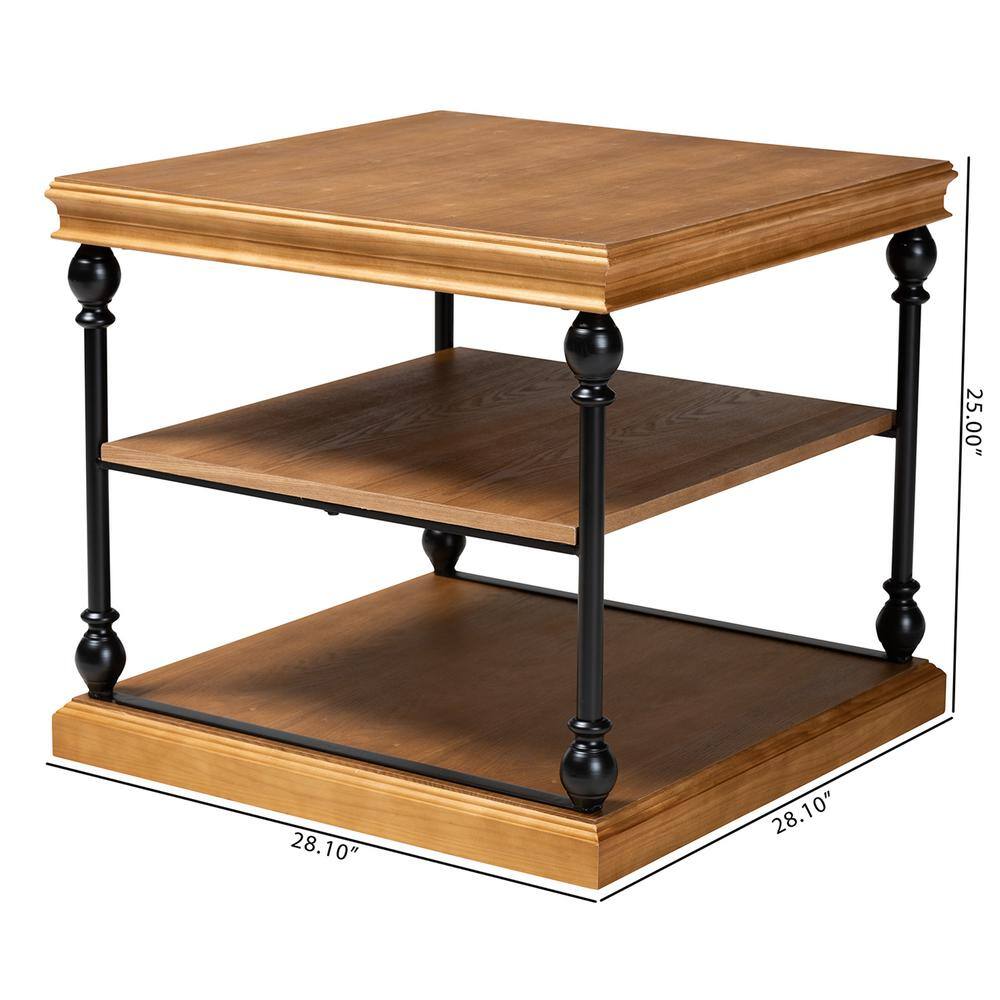Sebastian Oak Brown Wood and Black Metal 3-Tier End Table