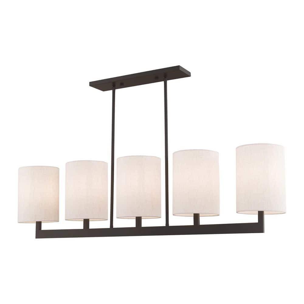 Elegant Bronze Drum 5-Light Linear Chandelier with Oatmeal Shade
